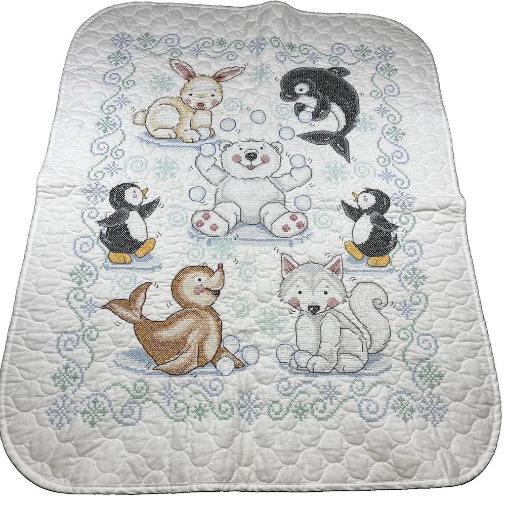 Baby by Herrschners Polar Pals Baby Quilt Stamped Cross Stitch - COMPLETED 39x31